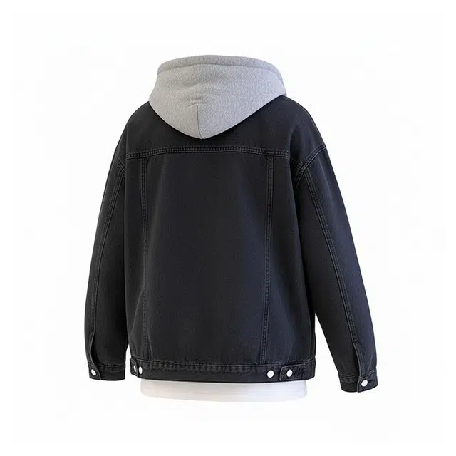 卡皮巴拉小黄豚 美式复古假两件连帽高街水洗做旧纯色基础宽松舒适时尚百搭街头潮流通勤秋季垂感直筒重磅开衫落肩牛仔外套 男女同款