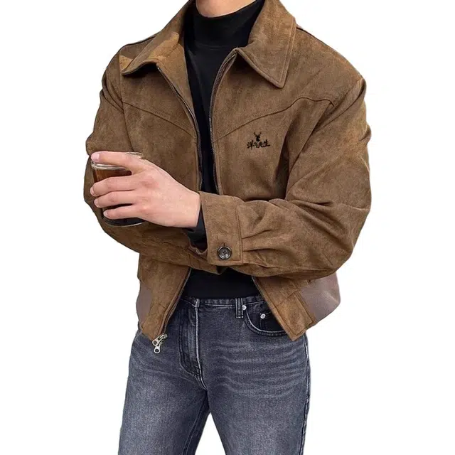 洋气先生 美式复古简约纯色翻领拼接基础款时尚小众高级感潮流帅气日常通勤运动休闲宽松百搭防风保暖城市机能风外套夹克 男款