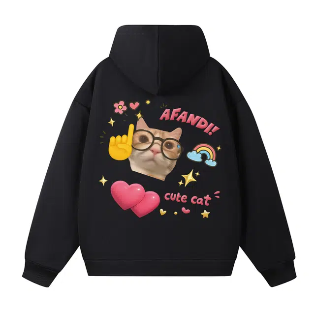 阿凡迪  美式高街个性潮牌萌趣涂鸦字母图案猫咪印花连帽休闲日常无性别主义经典百搭落肩基础款校园青春版松弛感穿搭长袖卫衣 男女同款