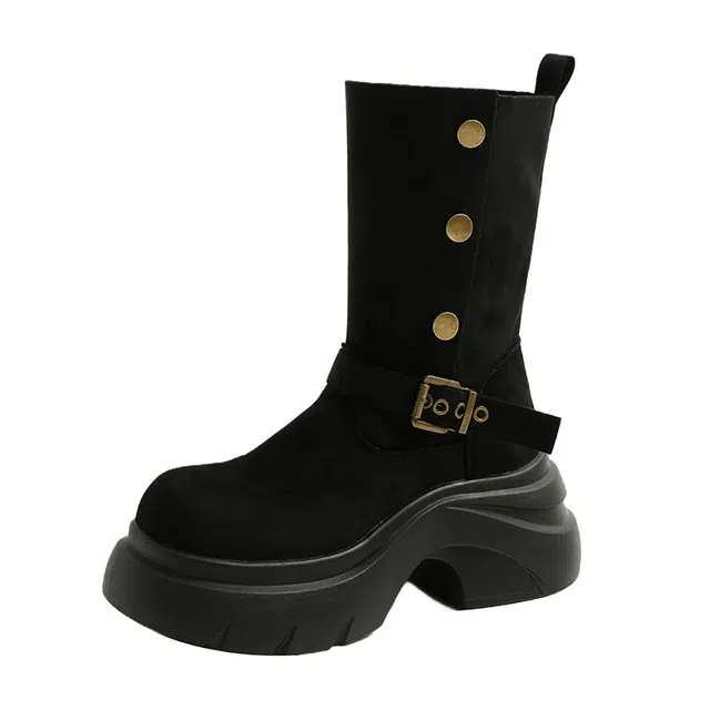 绒面 百搭增高美拉德风格不过膝厚底西部 短靴 女