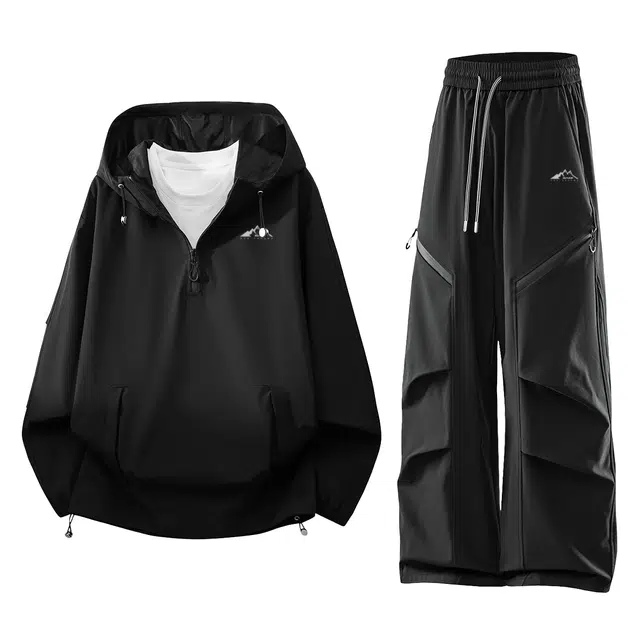赛琪 美式高街复古户外通勤设计感百搭半拉链抽绳工装防风防水长袖连帽上衣宽松舒适长裤休闲运动套装 男女同款