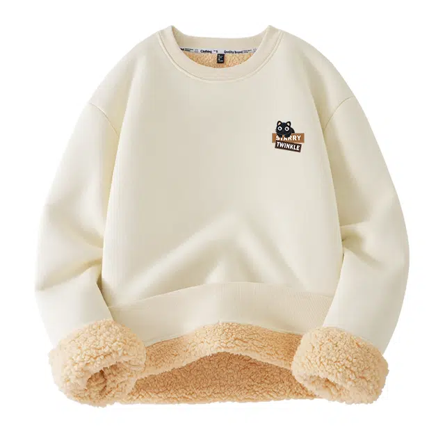 棉致 贴纸黑猫时尚通勤舒适简约套头内穿外搭美式羊羔绒百搭重磅秋冬御寒高级感微落肩圆领卫衣 男女同款