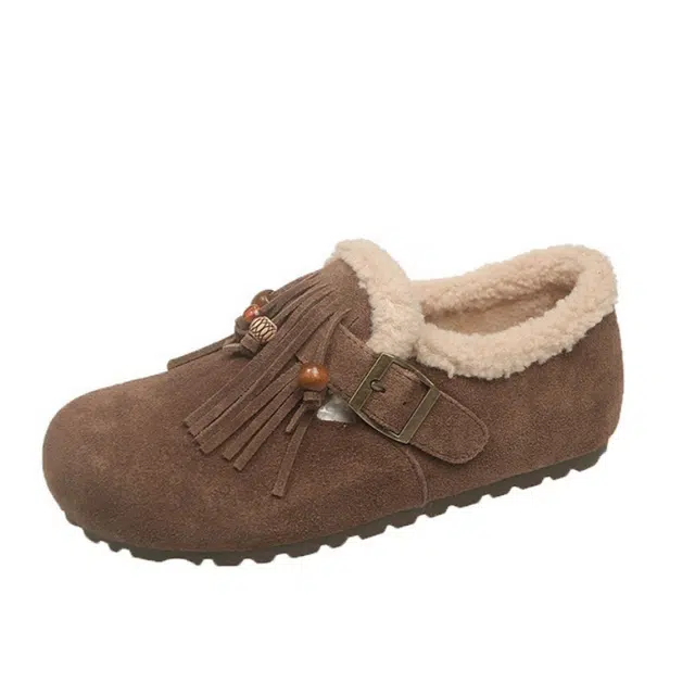 拾伍象 复古加绒保暖毛毛鞋软底平底流苏勃肯鞋 舒适棉鞋 女