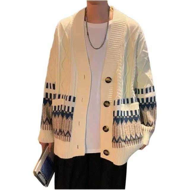 冈哉 港风复古高级感纽扣高领简约纯色百搭秋冬宽松慵懒感几何花纹设计开衫极简时尚长袖潮搭垂感少年感柔软舒适针织衫 男女同款