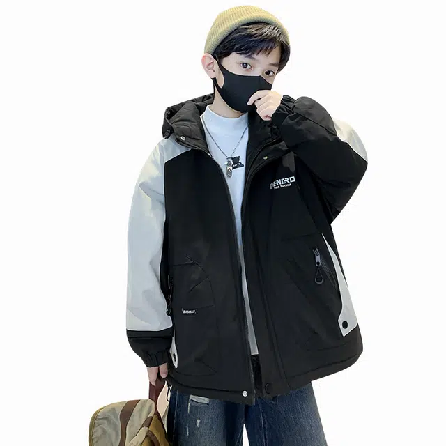 帕兰朵派克服 男童冬季夹棉外套大儿童装洋气加厚保暖字母连帽风衣冬款 青少年