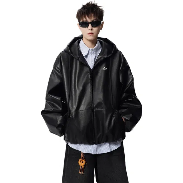 洋气先生 美式复古简约纯色时尚百搭小众高级感潮流帅气日常通勤运动休闲基础款宽松防风防水保暖耐磨无性别主义连帽外套皮夹克 男女同款