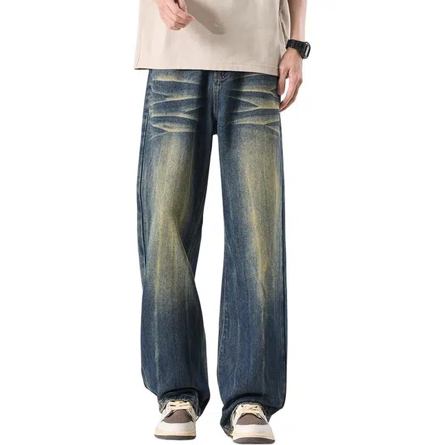 华夏儿女 美式复古潮牌舒适宽松柔软亲肤高垂感水洗中阔腿显高百搭直筒长裤牛仔裤 男款