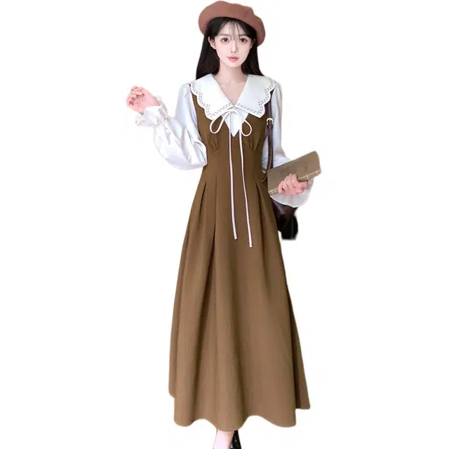 古莲菲 大码赫本风法式翻领气质女撞色假两件遮肉显瘦学院风过膝长裙子长袖连衣裙 女款