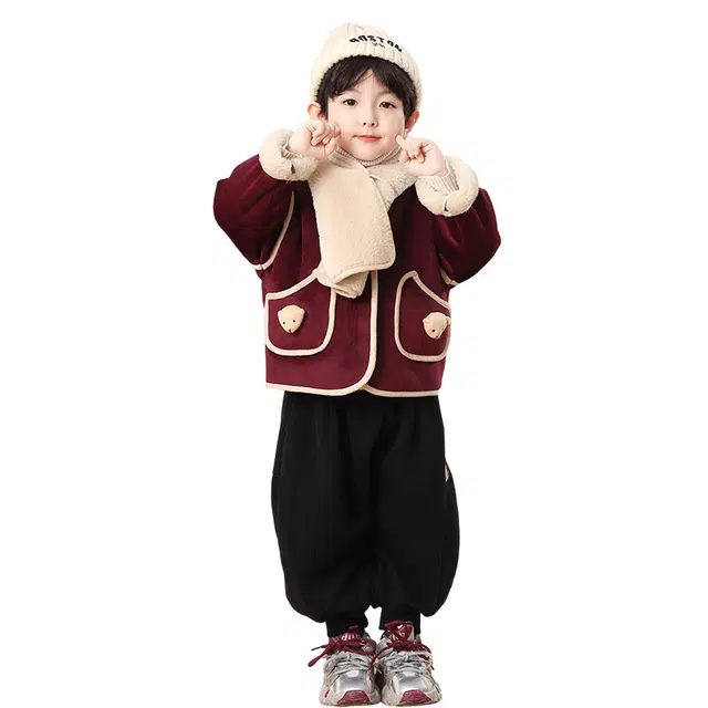 帕兰朵夹克 男女童蓄热保暖外套秋冬款儿童可机洗毛呢围巾大衣韩范痞帅潮 中小童