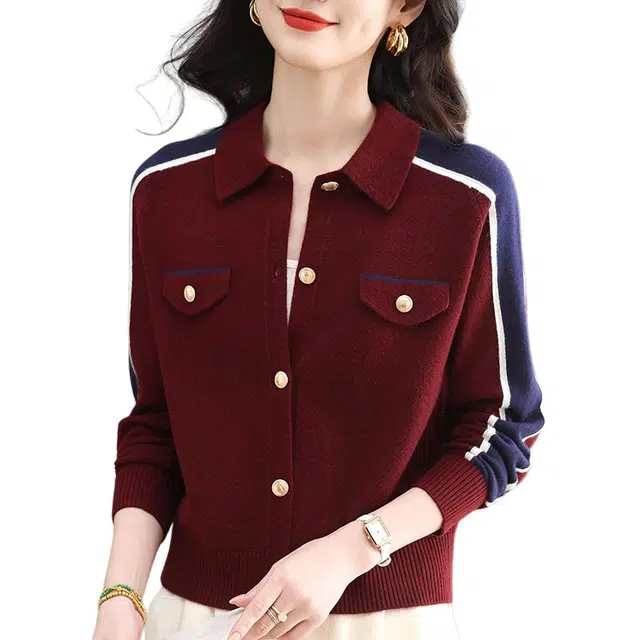缪斯的诱惑 时尚潮流拼色设计感高雅气质外穿上衣日常百搭显瘦休闲舒适洋气减龄简约正肩长袖单排扣优雅小香短款外套翻领针织开衫毛衣 女款