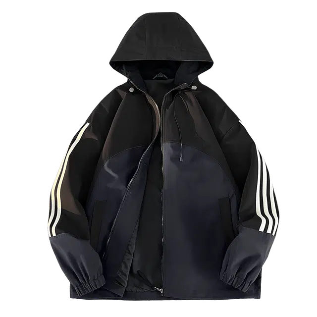 素杭 潮流宽松拼色条纹连帽开衫户外徒步日常情侣款防风夹克外套 男女同款