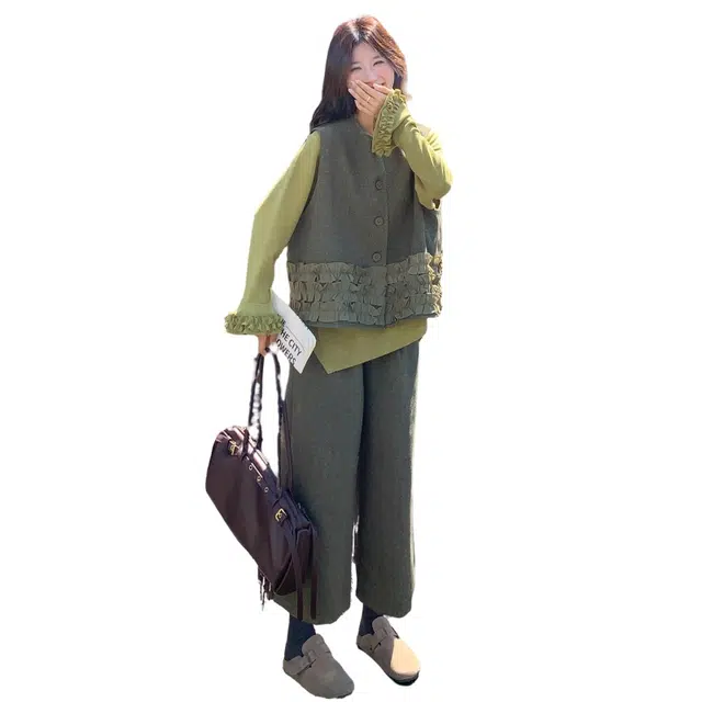 稻草人 温柔风花边设计时尚马甲打底衫阔腿裤三件套休闲套装 女款