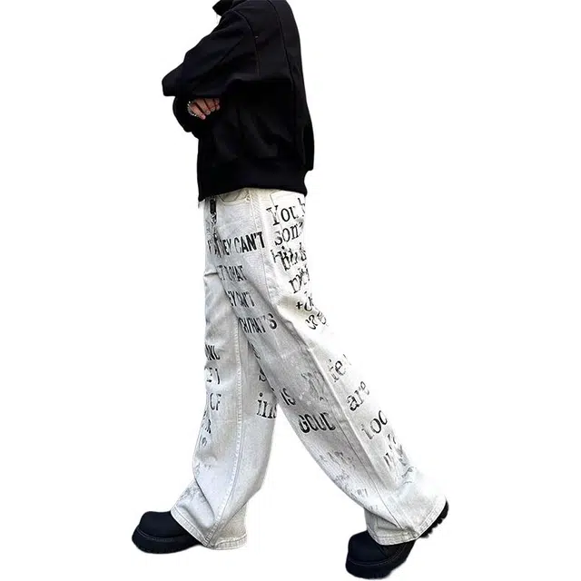 一碗士多 百搭气质小众美式复古文艺风慵懒感简约主义涂鸦设计宽松舒适痞帅垂感拖地阔腿直筒牛仔裤 男女同款