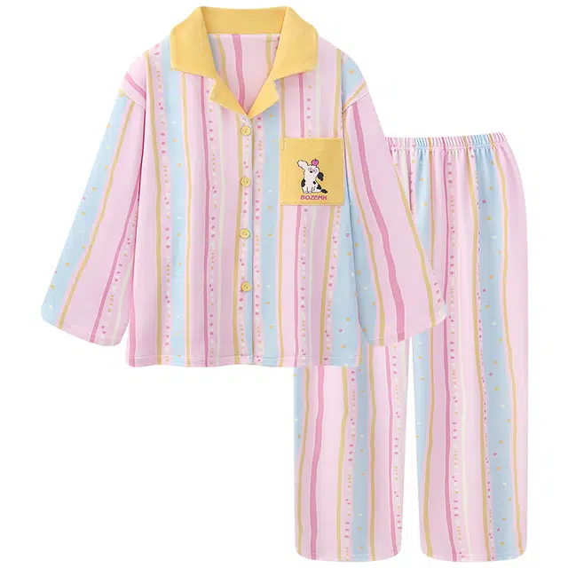 俏霓桐 甜美可爱彩色条纹加绒开衫翻领保暖德绒蓄温长袖长裤家居服可外穿睡衣套装 女款