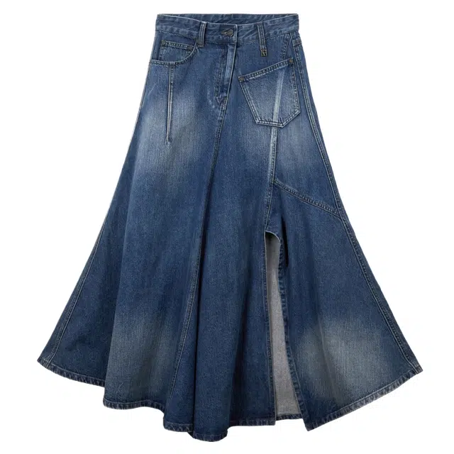 TREEMINGBIRD Panel Line Denim Flare Skirt