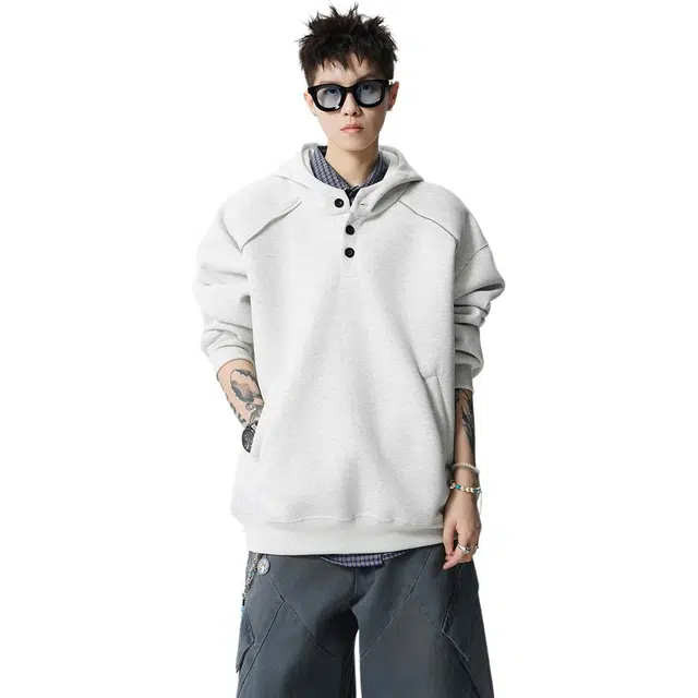 佐菲利 美式复古连帽潮牌痞帅纽扣宽松休闲百搭情侣运动外套卫衣 男女同款