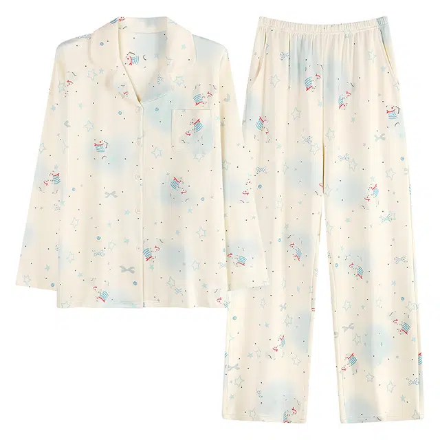 莫代尔 舒适柔软细腻个性翻领开衫纯棉时尚百搭简洁自带胸垫防凸点家居服可外穿睡衣套装 女款