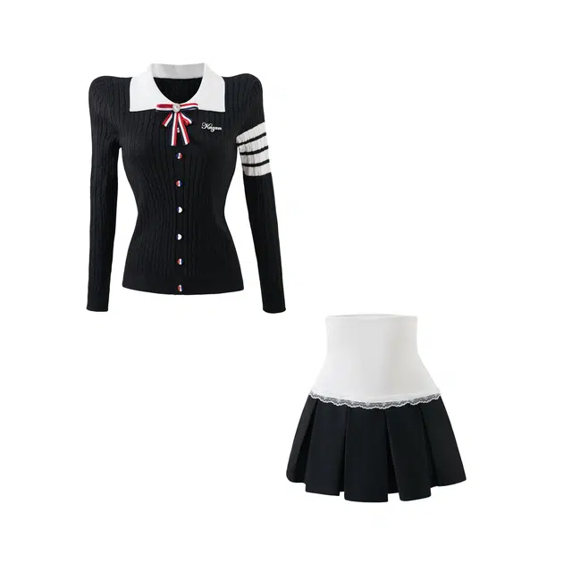花山家的猫 舒适百搭长袖针织上衣简约时尚百褶裙制服 女款 黑色