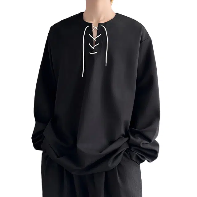 冈哉 纯色简约基础款织带系带拼接圆领小众设计感美式高街潮流百搭长袖内搭柔软舒适透气卫衣 男女同款