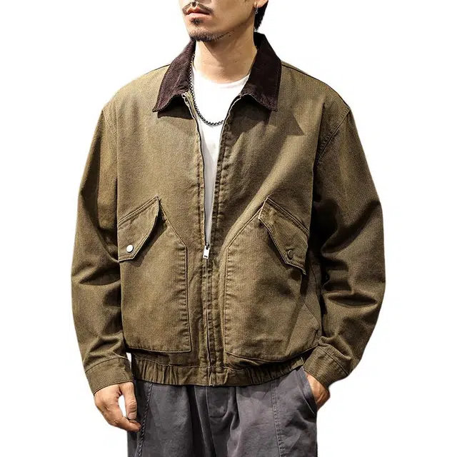 路杰邦 美式高端复古巴恩风撞色翻领工装外套男秋季宽松休闲夹克 男款