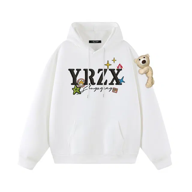 一人之下 美式高街仿刺绣字母小标印花小熊配饰休闲宽松落肩舒适简约基础百搭个性精选运动日常通勤潮流复古时尚气质长袖连帽卫衣 男女同款