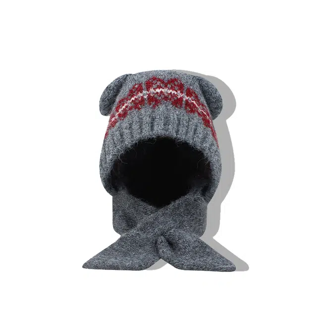 【可爱小熊模拟器~】 攸委 秋冬降温必备费尔岛风熊耳朵针织帽子围脖一体冬季保暖 涤纶 时尚护耳毛绒防寒雷锋绒线帽 男女同款情侣款