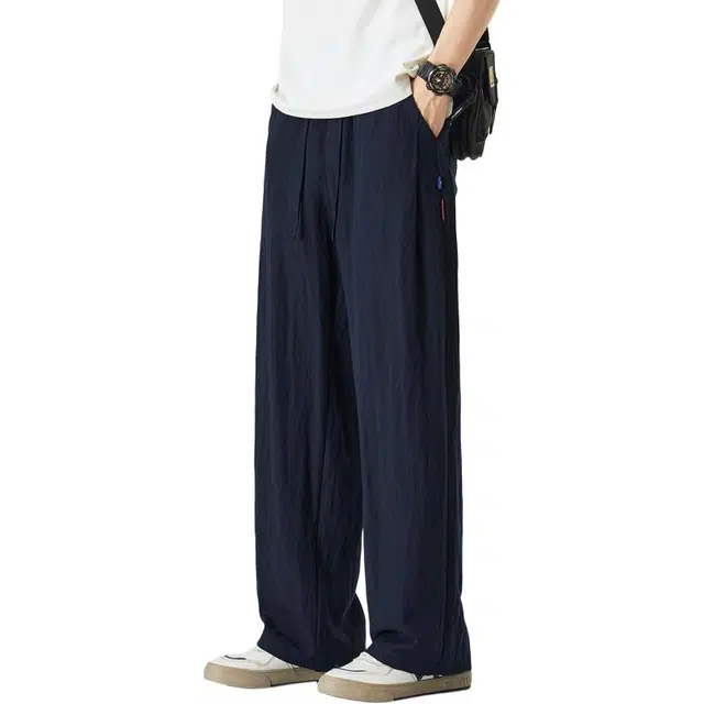 华夏儿女 莱赛尔薄款亚麻纯色直筒无性别主义阔腿垂感长裤弹力抽绳显高百搭宽松大码国潮休闲裤 男款