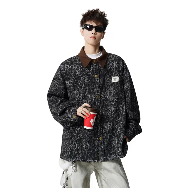 加荣 美式潮流几何印花纹理撞色夹克男款高秋冬季宽松休闲加绒上衣男装街高街痞帅翻领工装男士时尚百搭外衣男小众设计感外套 男女同款