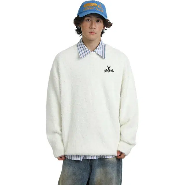 洋气先生 美式潮牌时尚简约大方软糯舒适宽松外穿纯色圆领翻毛设计上衣长袖日常通勤甜美酷帅无性别主义潮流休闲百搭针织衫 男女同款