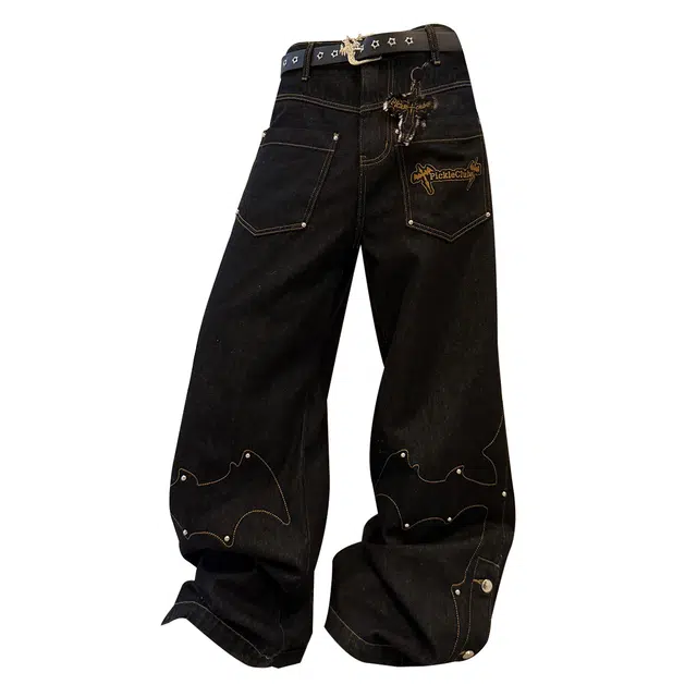 梁拌泡菜 美式街头宽松可拆卸十字架裤子原牛休闲百搭微喇直筒阔腿牛仔裤 男女同款