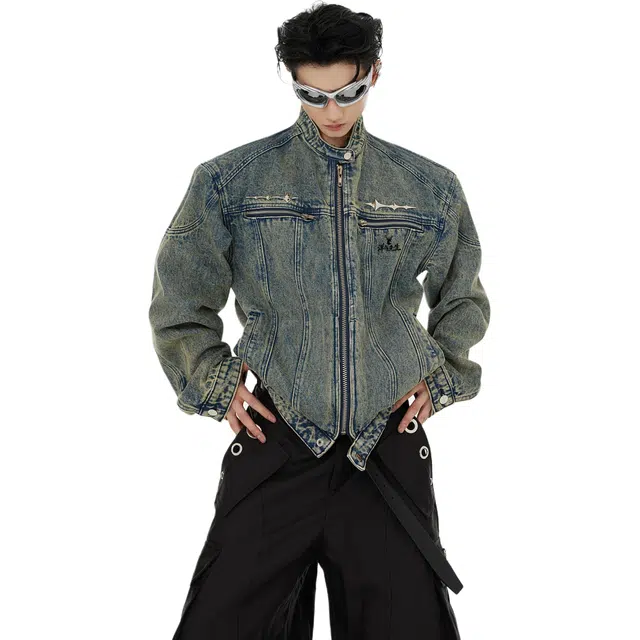 洋气先生 美式复古简约纯色时尚百搭小众高级感潮流痞帅日常通勤运动休闲基础款宽松防风保暖耐磨无性别主义立领牛仔外套夹克 男女同款