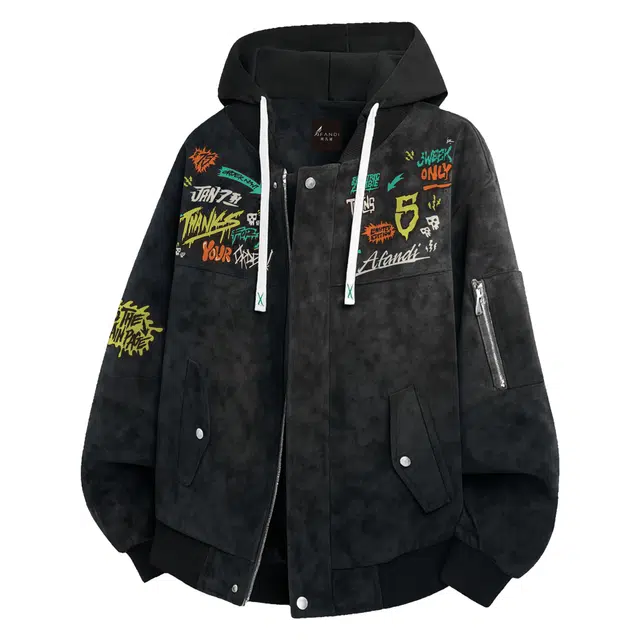 阿凡迪 扎染美式高街复古时尚潮牌趣味涂鸦品牌字母印花保暖无性别飞行员机车皮衣百搭潮流假两件拉链外套舒适工装连帽夹克 男女同款