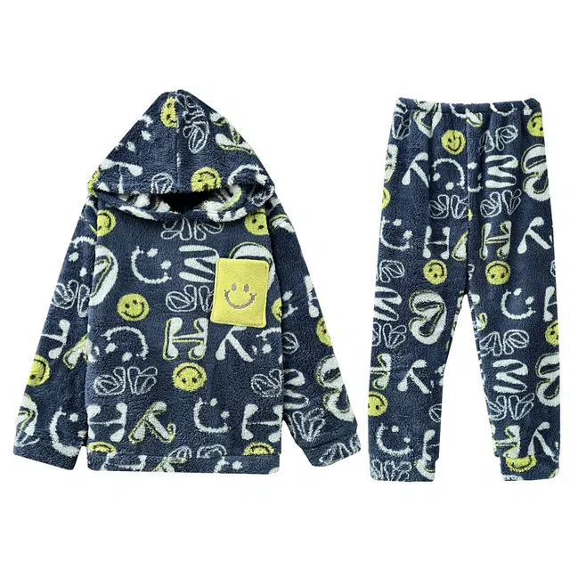 俏霓桐 卡通笑脸连帽秋冬季加厚加绒珊瑚绒宽松保暖青少年学生时尚可外穿家居服睡衣套装 男款