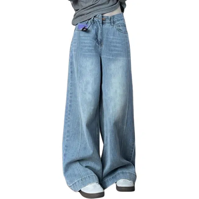 么宁 蓝色高腰直筒阔腿显瘦宽松拖地裤子牛仔裤 女款