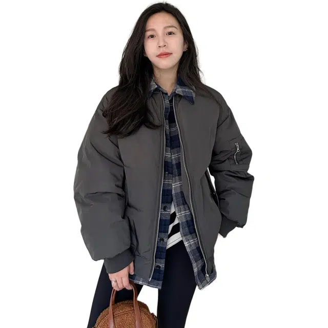 邓大喵 韩版假两件棒球服棉衣女宽松中长款毛呢格子拼接外套冬装棉服 女款