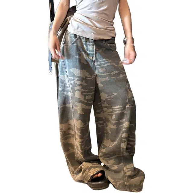 么宁 辣妹复古迷彩设计感阔腿高腰显瘦潮流百搭拖地裤牛仔裤 女款
