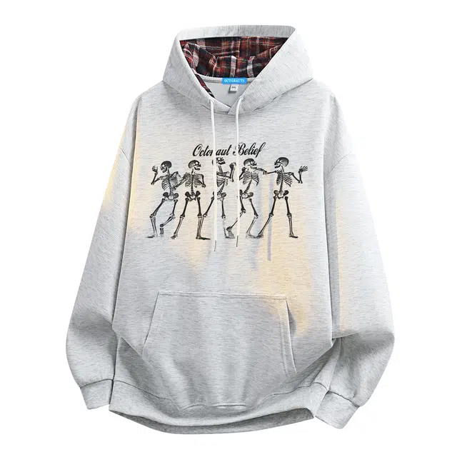 海底小纵队 潮流重磅美式高街创意设计感排列骷髅人简约印花潮人街头嘻哈必备学生党套头长袖落肩袖连帽口袋百搭宽松卫衣 男女同款