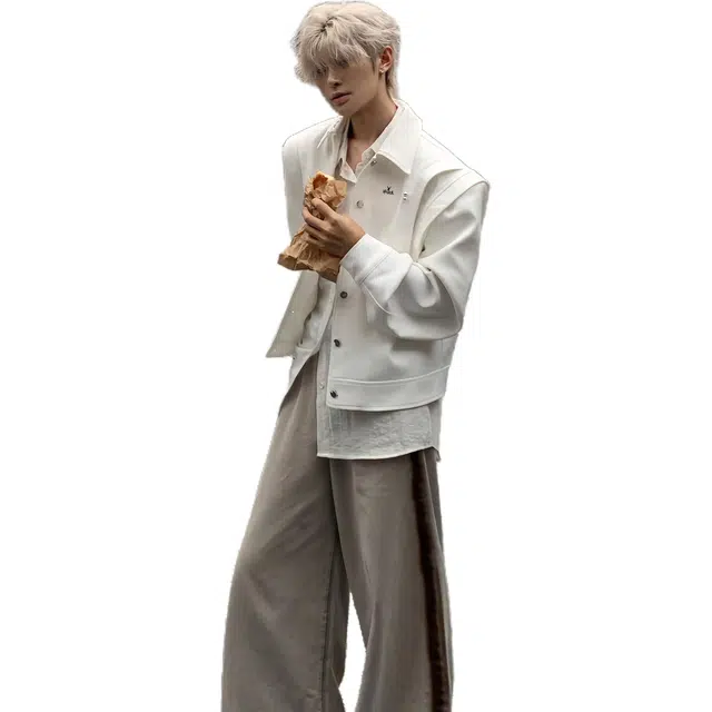 洋气先生 美式复古简约纯色时尚百搭小众高级感潮流帅气日常通勤运动休闲基础款宽松防风保暖无性别主义假两件翻领纽扣外套夹克 男女同款