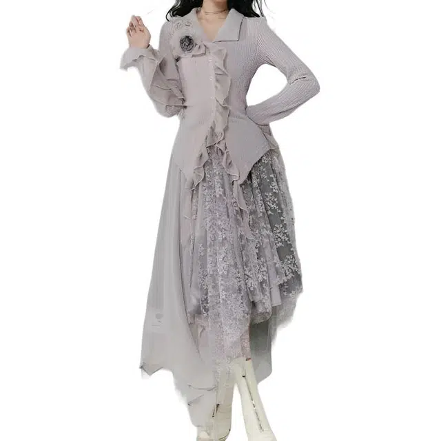 小卷要加油 法式干枯玫瑰毛衣女秋季小众温柔紫色重工设计感针织套装裙子 女款