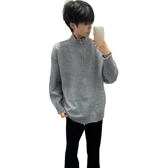 黑马漫画 美式高街立领拉链开衫男款秋接韩版休闲针织衫 男女同款