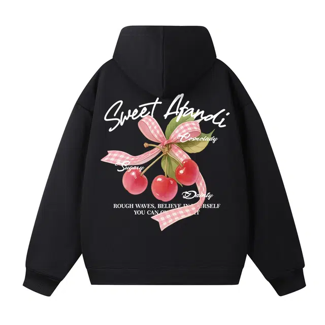 阿凡迪  美式高街原创品牌背面樱桃图案个性签名蝴蝶结印花简约连帽休闲日常无性别主义经典百搭落肩宽松舒适学院风长袖卫衣 男女同款