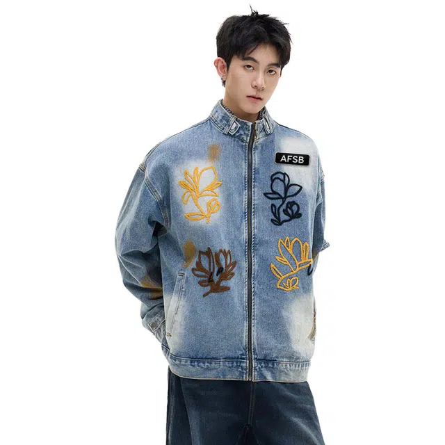 艾梵斯贝 美式复古潮流花卉毛巾刺绣重工水洗做旧小众设计款无性别日常通勤百搭宽松休闲时尚高级感牛仔外套立领夹克 男女同款