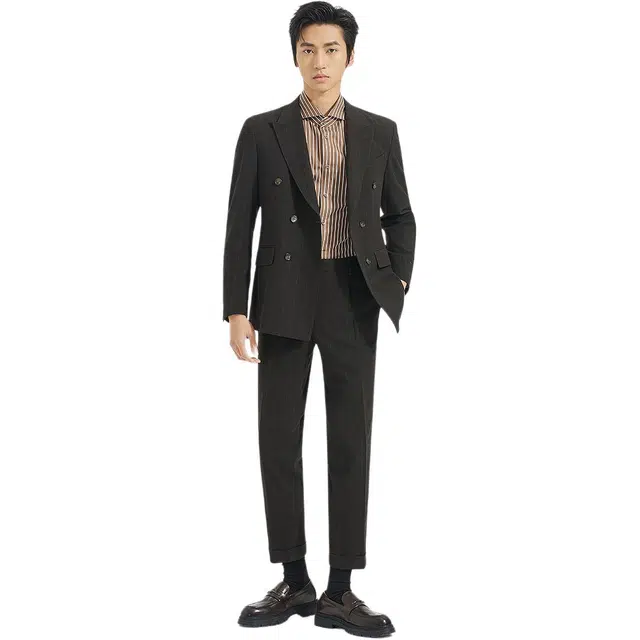 利郎 品位商务条纹双排扣复古戗驳领秋季西装套装 男款