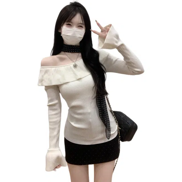 思蓓儿 秋季韩版纯欲温柔荷叶领一字肩修身长袖女针织衫 女款