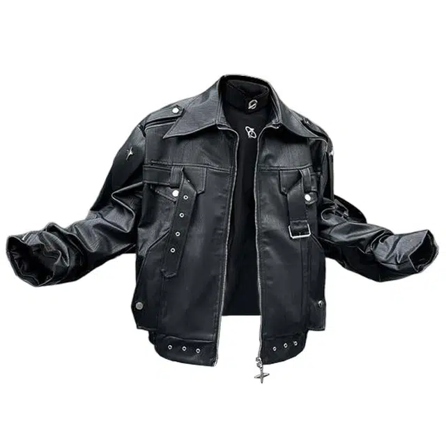 木林森 美式高街复古机车服夹克结构设计感潮牌小众高级感短款皮衣 男女同款