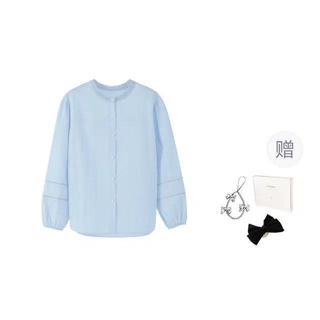 法儿家 雾蓝山谷初秋韩系小个子纯色花边常规长袖休闲风衬衫 女款