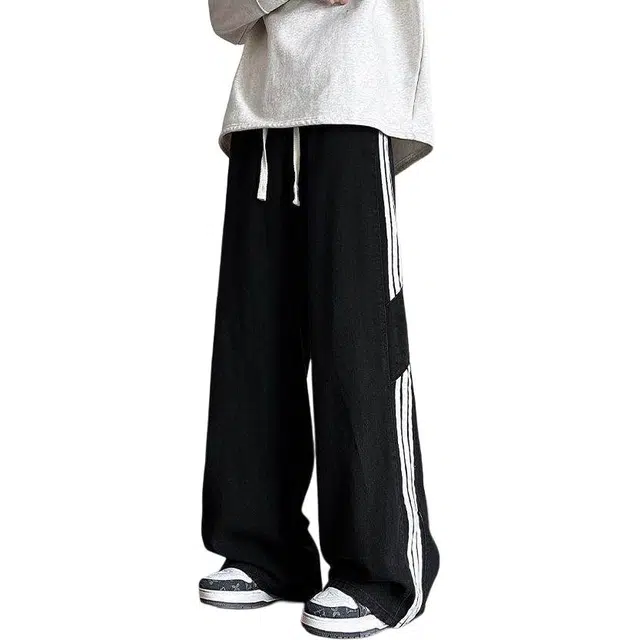 拓菲 美式复古休闲三条杠条纹拼接男春秋季潮牌高街宽松直筒阔腿长裤子牛仔裤 男女同款