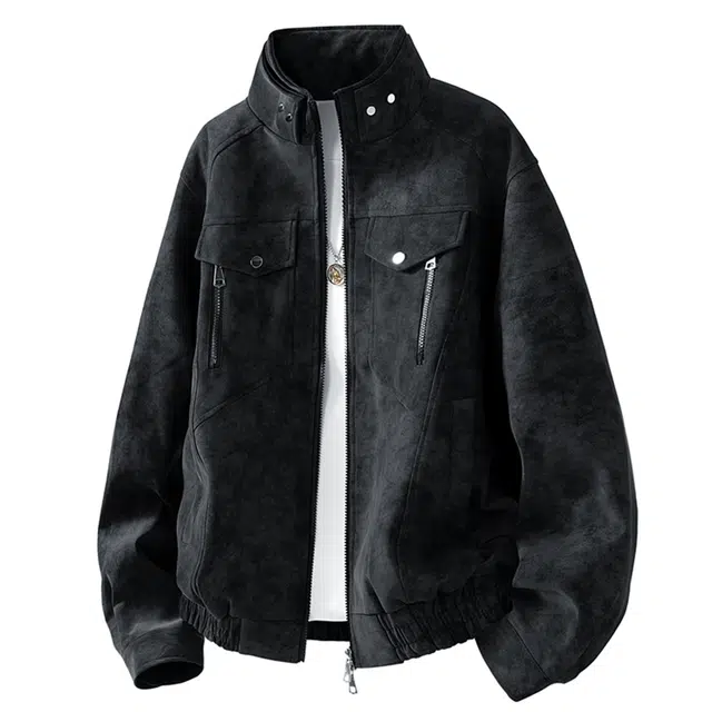 八哥 美式高街基础款经典纯色宽松潮流时尚复古舒适设计感百搭通勤简约工装飞行员立领长袖皮衣外套夹克 男女同款