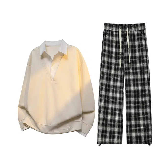 梓润格 美式复古户外运动时尚长袖阔腿假两件翻领老钱风大码宽松高级设计简约百搭潮流个性舒适港风格子休闲拖地卫衣套装 男女同款