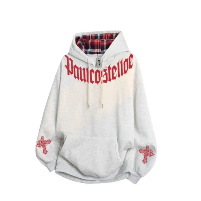 地界二 美式字母百搭重磅加绒加厚学院风通勤连帽衫秋冬卫衣 男款